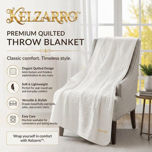 Kelzarro™ Oversized Quilted Throw Blanket – White Scalloped Edge Bed Blanket 60x72"