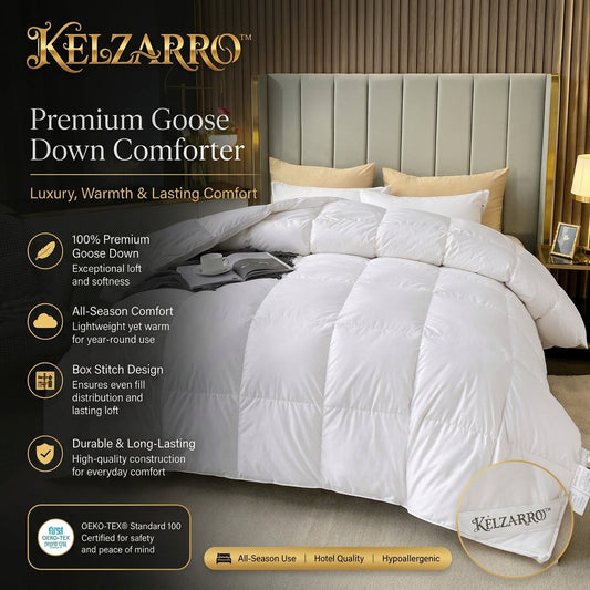 Kelzarro™ 90% White Goose Down Comforter – Thick Warm Winter Bedding Quilt