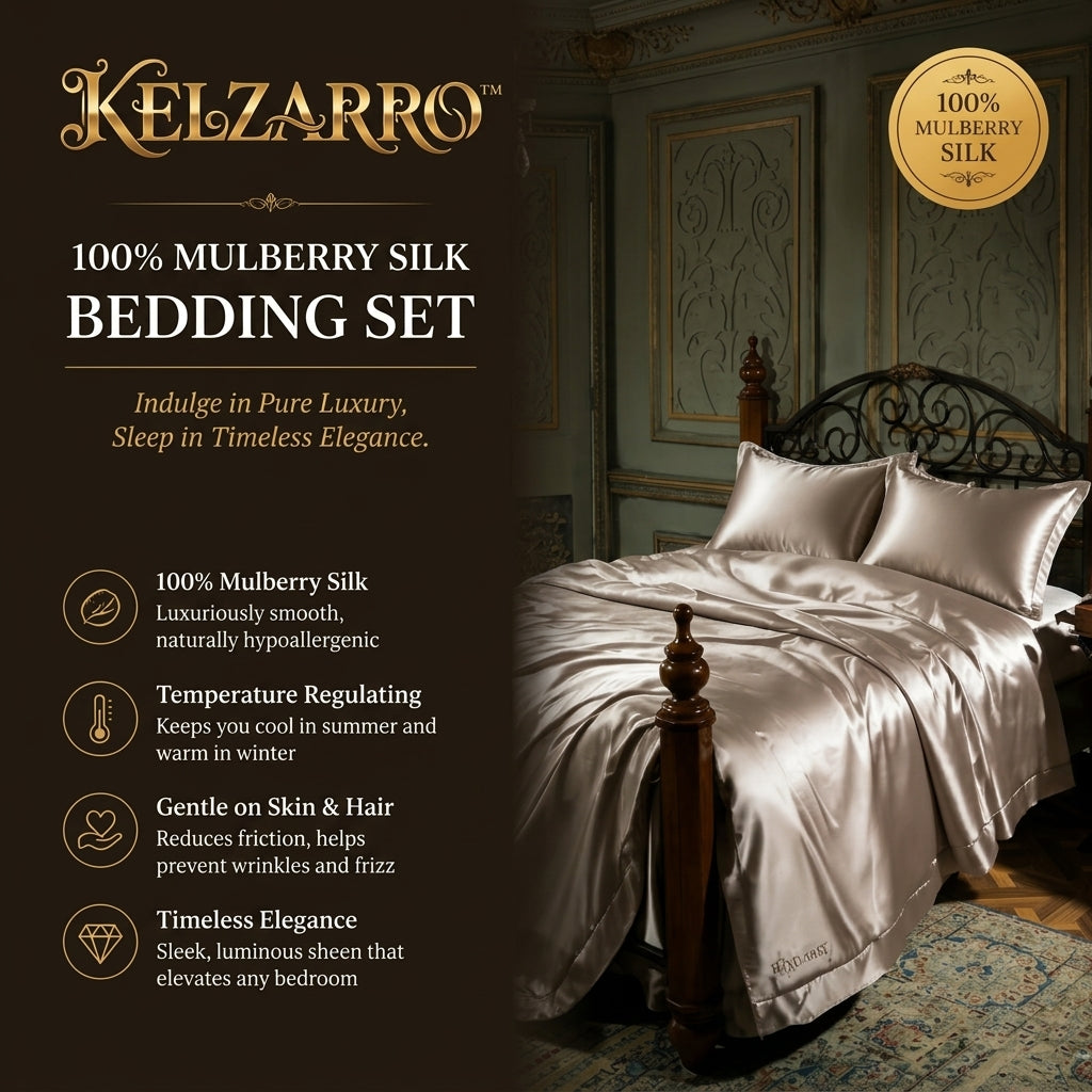 Kelzarro™ OEKO-TEX Certified 100% Silk Bedding Set – Premium Charmeuse Sheets