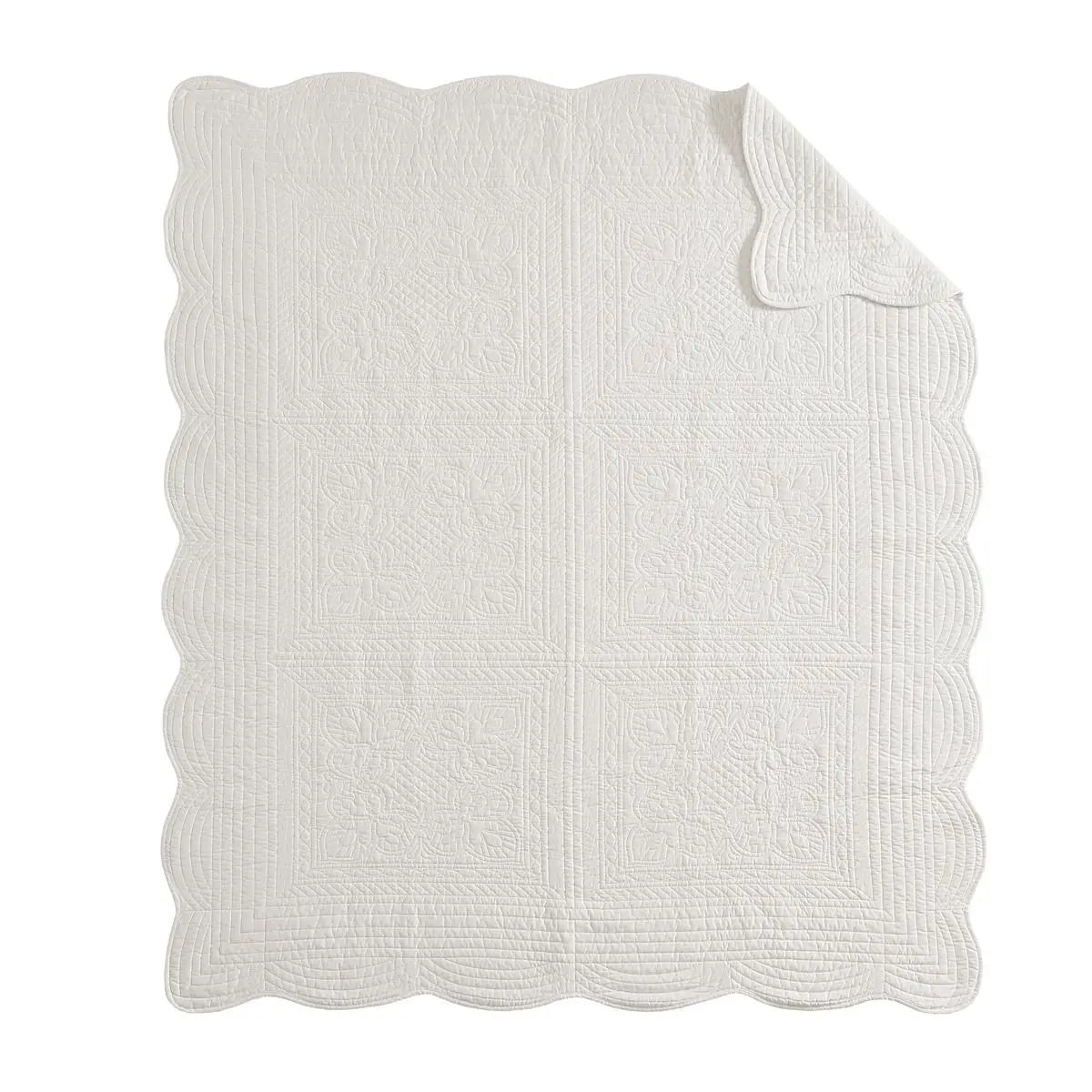 Kelzarro™ Oversized Quilted Throw Blanket – White Scalloped Edge Bed Blanket 60x72"